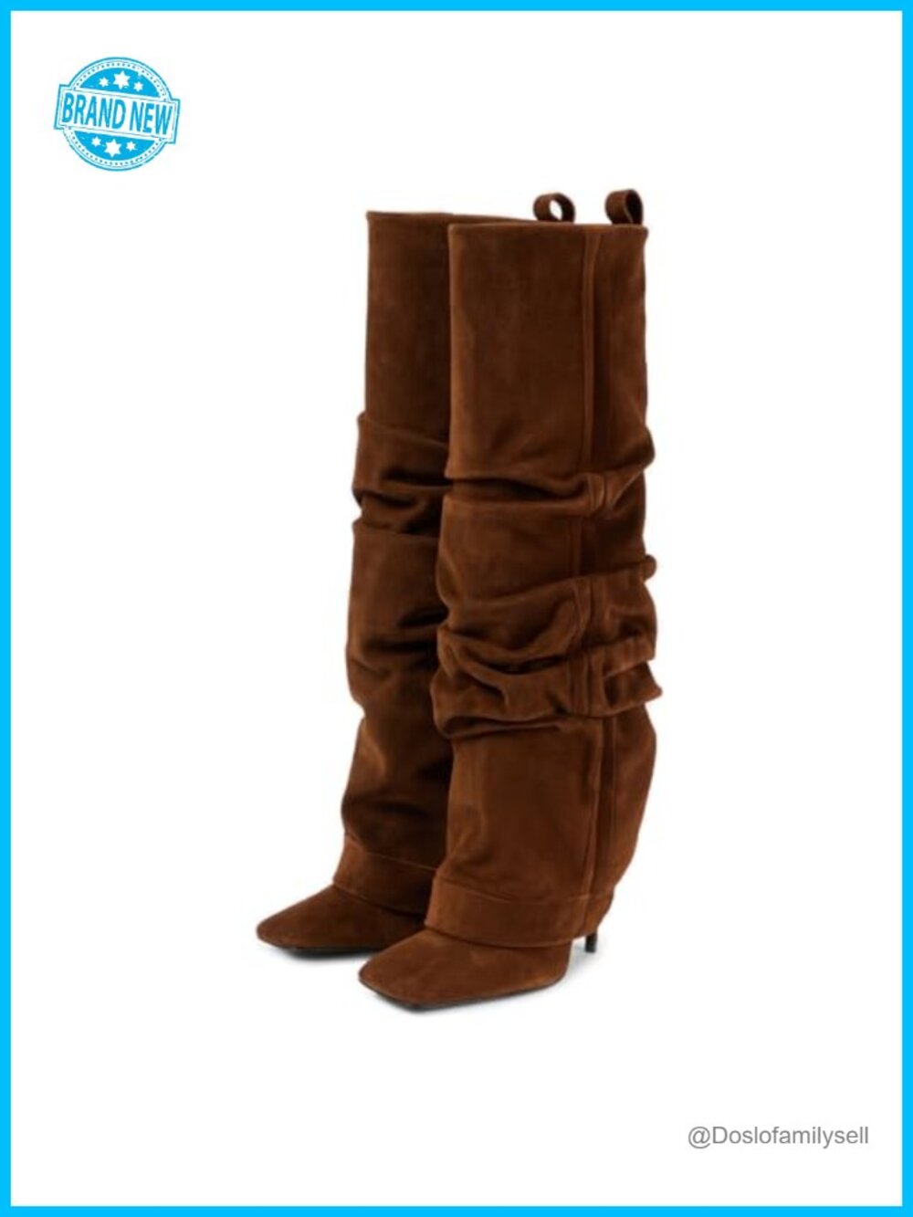 Suede Fold Over Knee High Boots Square Toe Stiletto Heel Slip On